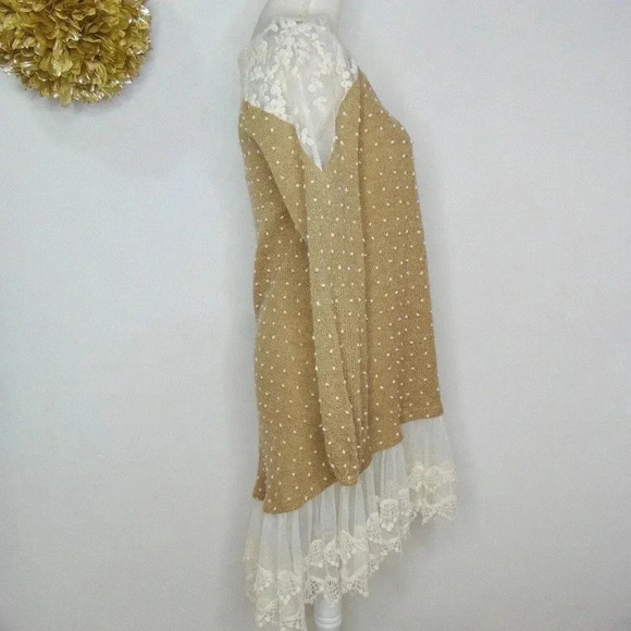 Altar'd State Women's Tan Pom Pom Embroidered Lace Trim Sweater Dress SIZE S - Picture 5 of 14